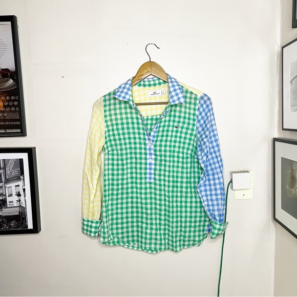 Vineyard Vines Multicolor Gingham Shirt 2 Popover Green Yellow Blue Coastal - Picture 3 of 11